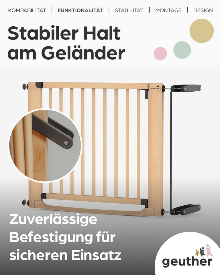 Geuther Treppenschutzgitter Easylock Flatstep Holz 71–133 cm, inkl. Zusatzklemme, ohne Bohren, Treppenschutzgitter Bild 3