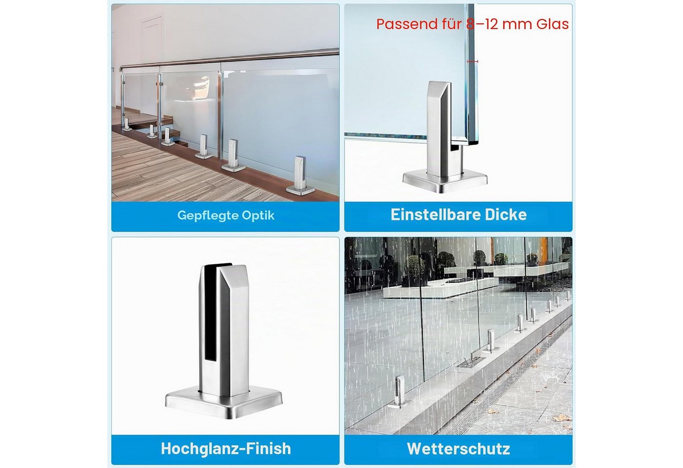 BlingBin Abstandshalter Boden Glasklemme Edelstahl,Glasclip,Rückenverbindung,8–12 mm (4 Stück, 1-St., 10*10*16cm,4 Stück für Glas mit Schrauben) verstellbare Klemmhalterung für Geländer, Treppengeländer Bild 5