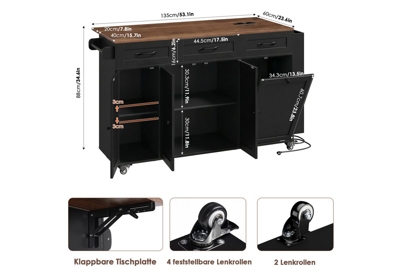 Homfa Küchenwagen mit Steckdoseleiste, 135cm klappbarer Arbeitsplatte & Messerblock, Kücheninsel mit Rollen, Küchenschrank mit Müllsystem 135x88x60cm