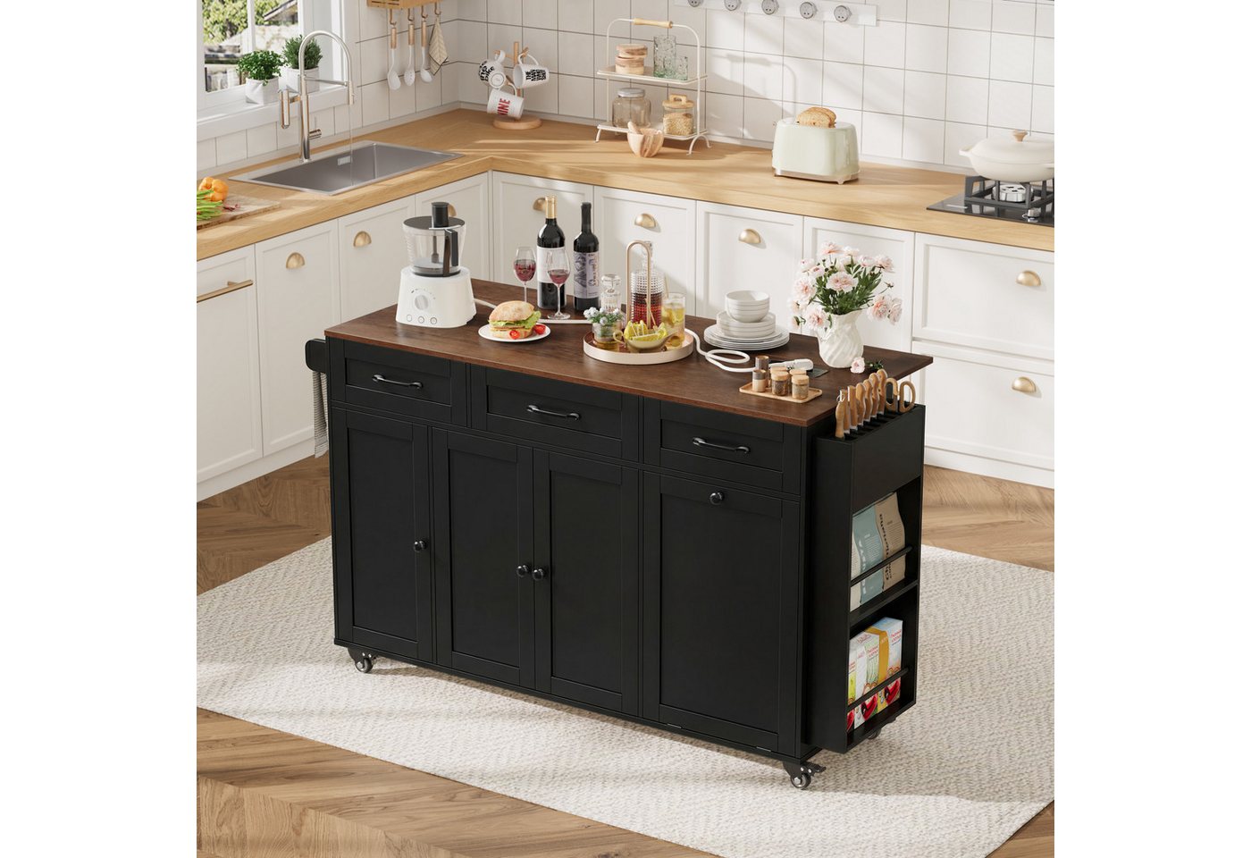 Homfa Küchenwagen mit Steckdoseleiste, 135cm klappbarer Arbeitsplatte & Messerblock, Kücheninsel mit Rollen, Küchenschrank mit Müllsystem 135x88x60cm Bild 2