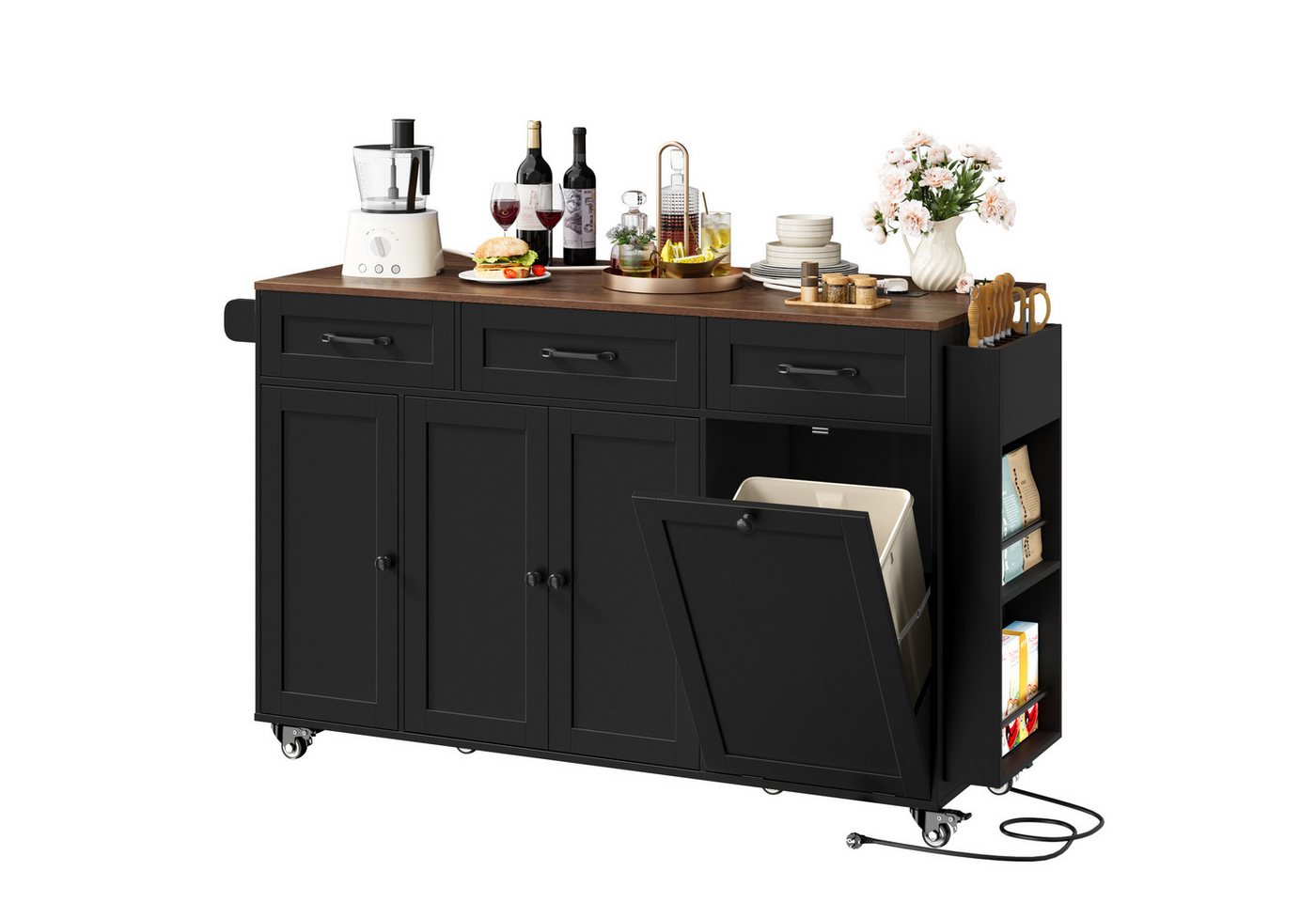 Homfa Küchenwagen mit Steckdoseleiste, 135cm klappbarer Arbeitsplatte & Messerblock, Kücheninsel mit Rollen, Küchenschrank mit Müllsystem 135x88x60cm Bild 4