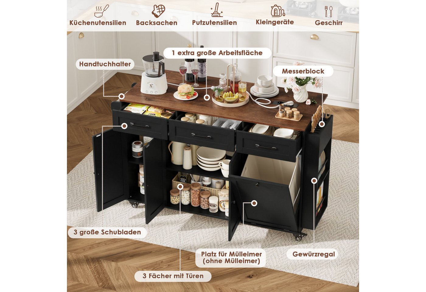 Homfa Küchenwagen mit Steckdoseleiste, 135cm klappbarer Arbeitsplatte & Messerblock, Kücheninsel mit Rollen, Küchenschrank mit Müllsystem 135x88x60cm Bild 5