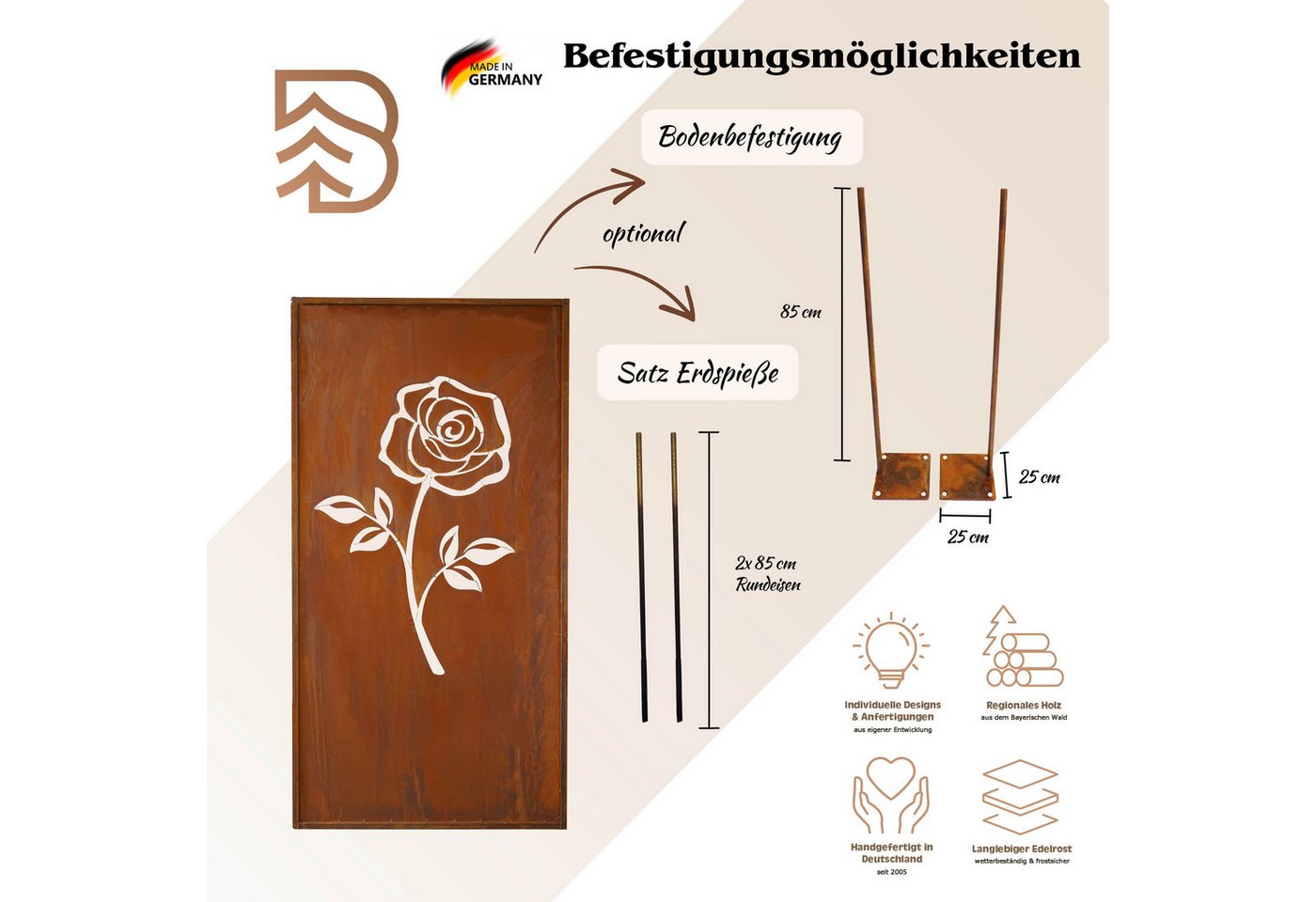 BADEKO Sichtschutzelement Sichtschutz Paravent Rose 200x100cm aus Edelrost in Cortenstahloptik