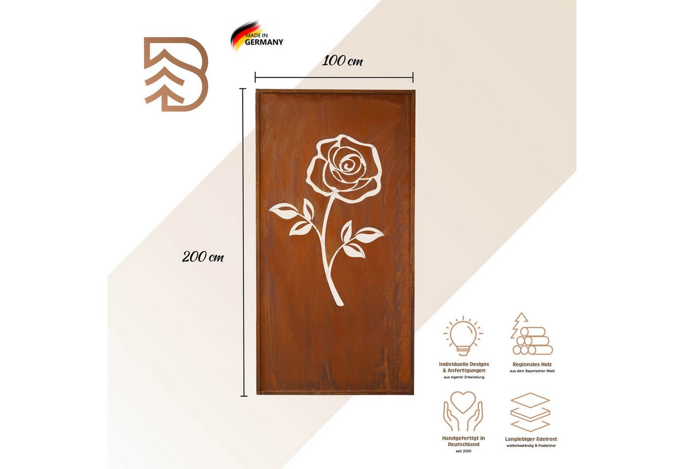 BADEKO Sichtschutzelement Sichtschutz Paravent Rose 200x100cm aus Edelrost in Cortenstahloptik Bild 3
