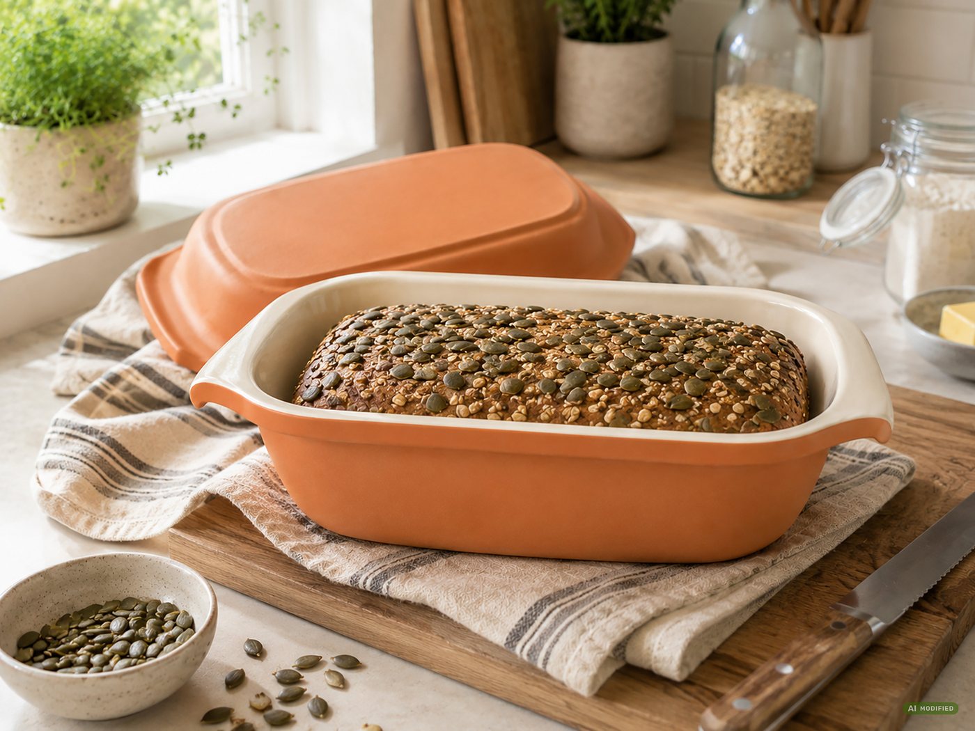 KERAZO Brotbackform 3,5L Bräter mit Deckel Brottopf Auflaufform 33x16x14 cm, natur/creme, Teilweise Ohne Glasur, Für knuspriges Brot und saftige Ofengerichte Bild 3