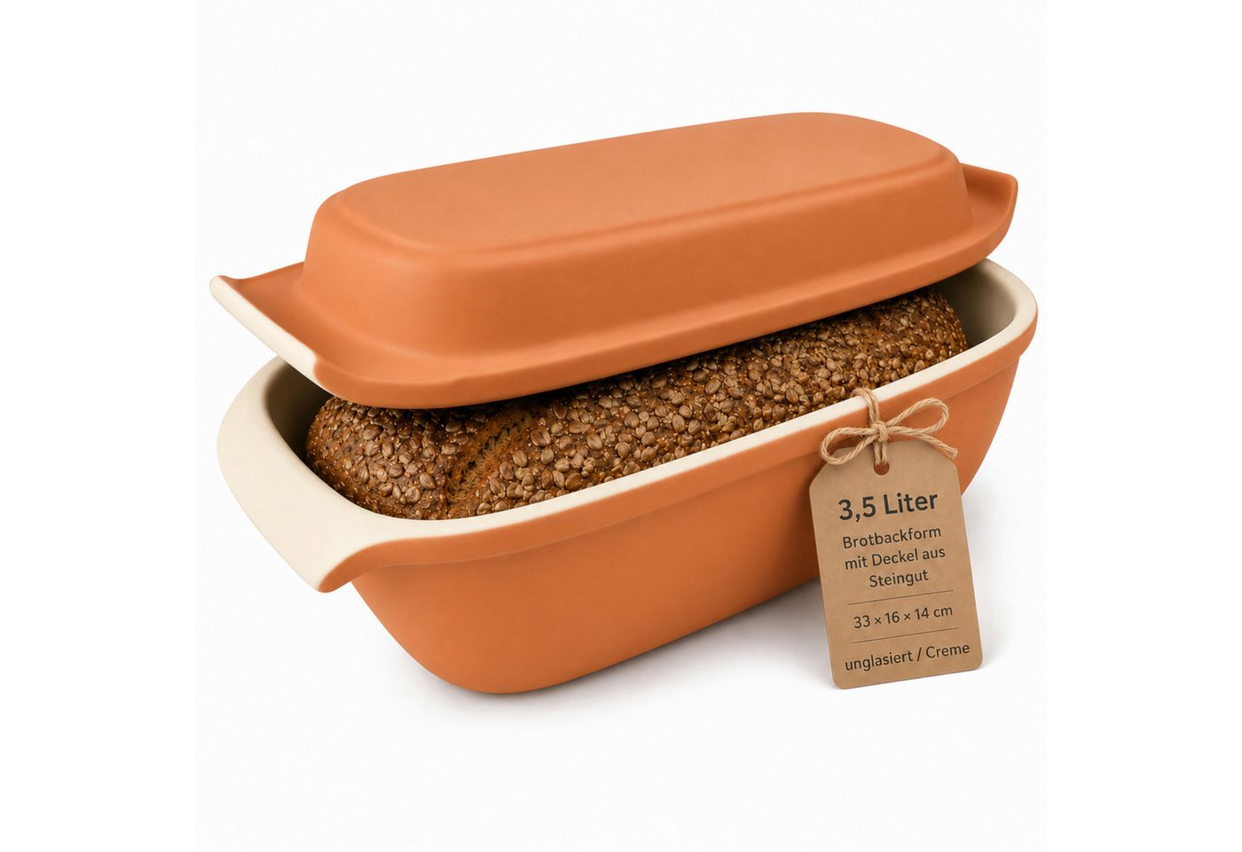 KERAZO Brotbackform 3,5L Bräter mit Deckel Brottopf Auflaufform 33x16x14 cm, natur/creme, Teilweise Ohne Glasur, Für knuspriges Brot und saftige Ofengerichte Bild 5