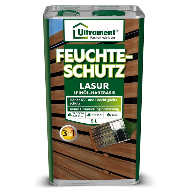 Feuchteschutz-Lasur 3-in-1, nussbaum, Holzschutz, Dünnschichtlasur, Leinöl-Harzbasis, 5 Ltr - Ultrament