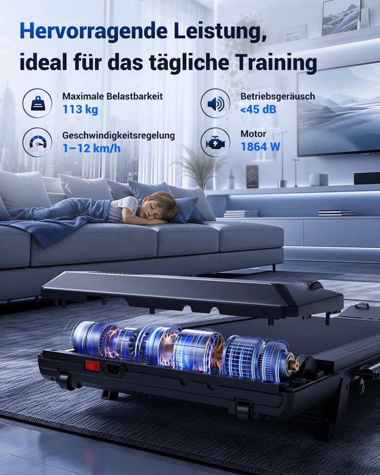 SUPERUN Laufband Walking Pad mit Steigung 7% Kleines Leise mit App (1-tlg), 2,5-HP-Motor, leistungsstark und leise (45 dB)