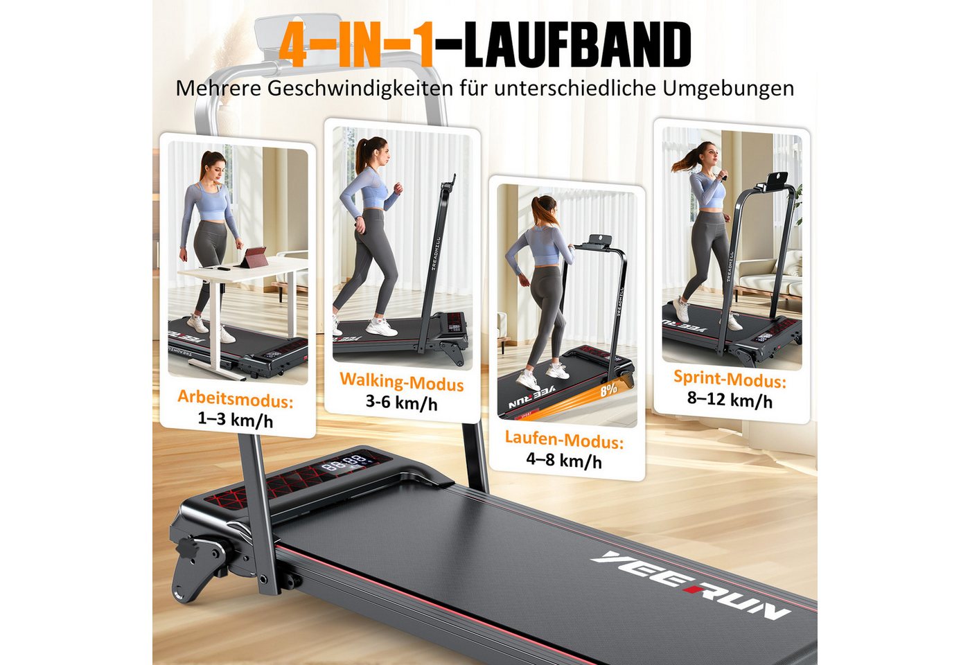 YEE RUN Laufband für Zuhause, 4 in 1, klappbar, 8 % Steigung, 2.5HP, 1-12 km/h Bild 5