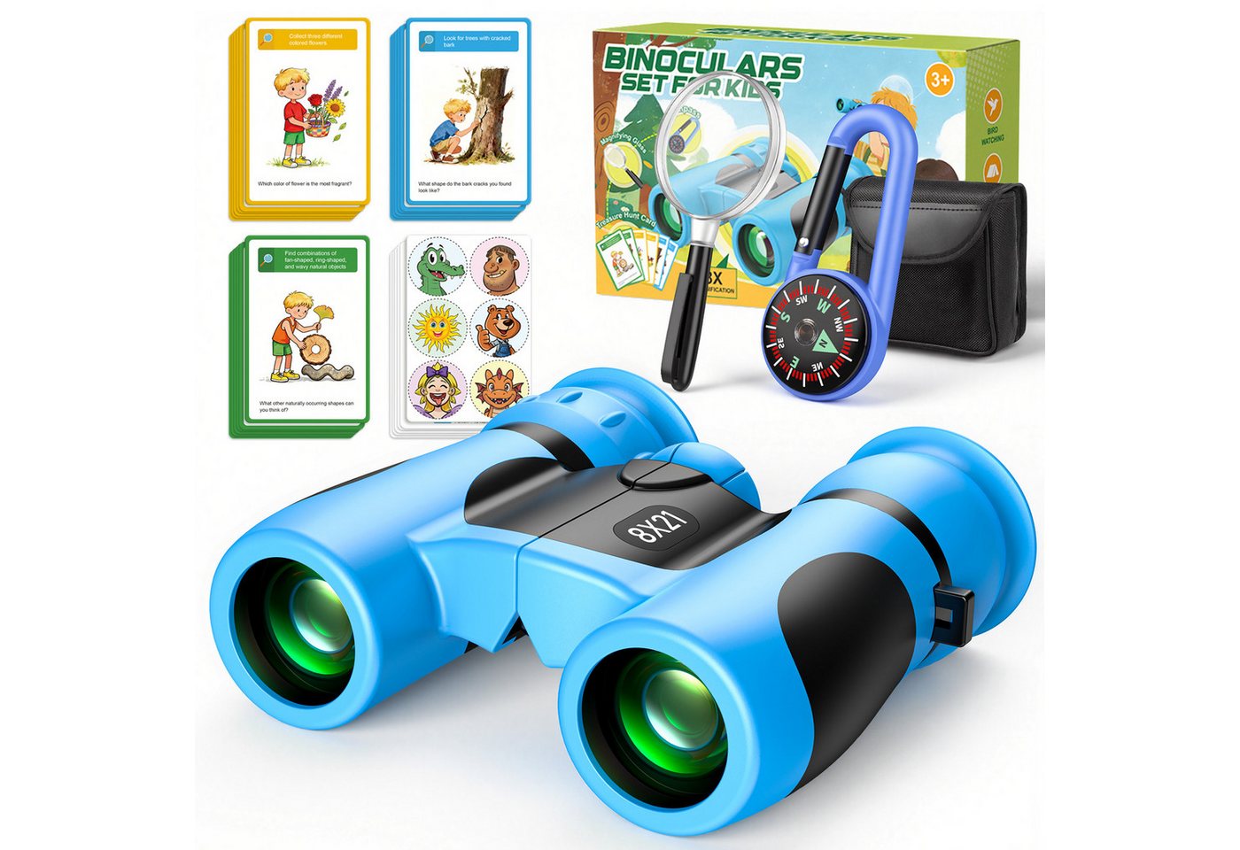Wootoy Kinderfernglas 8x21 Entdeckerset Outdoor-Spielzeug Fernglas (mit Fernglas Lupe Kompass, 25 Wissenskarten und praktischem Zubehör)