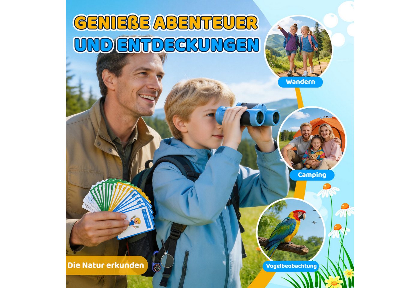 Wootoy Kinderfernglas 8x21 Entdeckerset Outdoor-Spielzeug Fernglas (mit Fernglas Lupe Kompass, 25 Wissenskarten und praktischem Zubehör) Bild 2