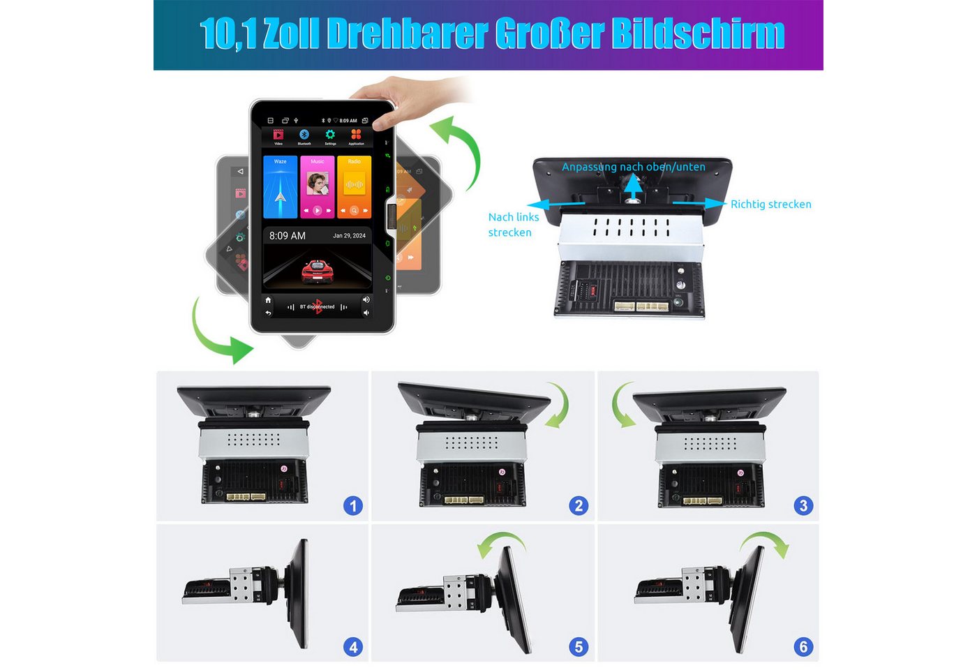 ESSGOO 64G DAB+ Autoradio 1DIN Android15 Carplay Radio Navi WiFi 360° drehbar Autoradio (RDS, 4+64GB(optional), Digitalradio (DAB), FM, Autoradio 1 din, GPS, WIFI, Carplay Android Auto Bluetooth EQ USB GPS Navi WIFI Touchscreen)