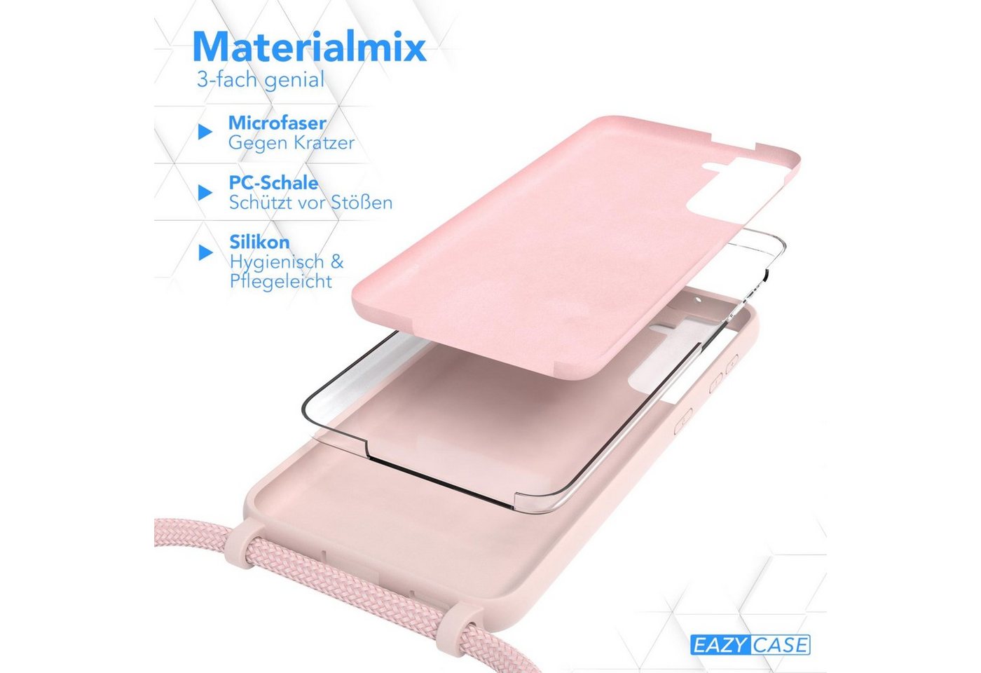 EAZY CASE Handykette Silikon Kette für Samsung Galaxy S21 6,2 Zoll, Umhängeband Kordel Hülle mit Band Schutzhülle Bumper Etui Matt Rosé