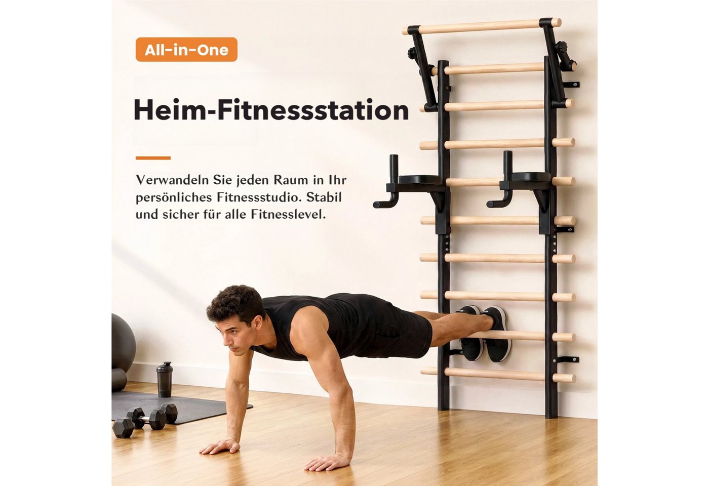 TLGREEN Sprossenwand aus Buchenholz,mit 9 Sprossen, Klimmzug- und Dipstange, (Wand-Turnwand für Gymnastik, Stretching und Krafttraining), Trainingsgerät für Home-Gym