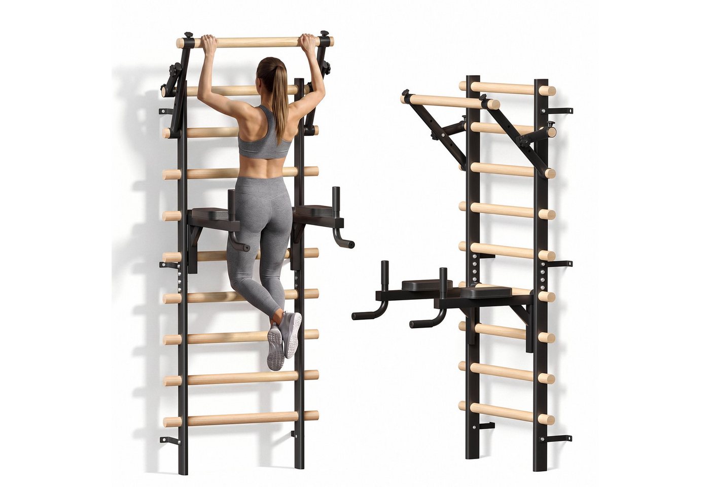 TLGREEN Sprossenwand aus Buchenholz,mit 9 Sprossen, Klimmzug- und Dipstange, (Wand-Turnwand für Gymnastik, Stretching und Krafttraining), Trainingsgerät für Home-Gym Bild 2