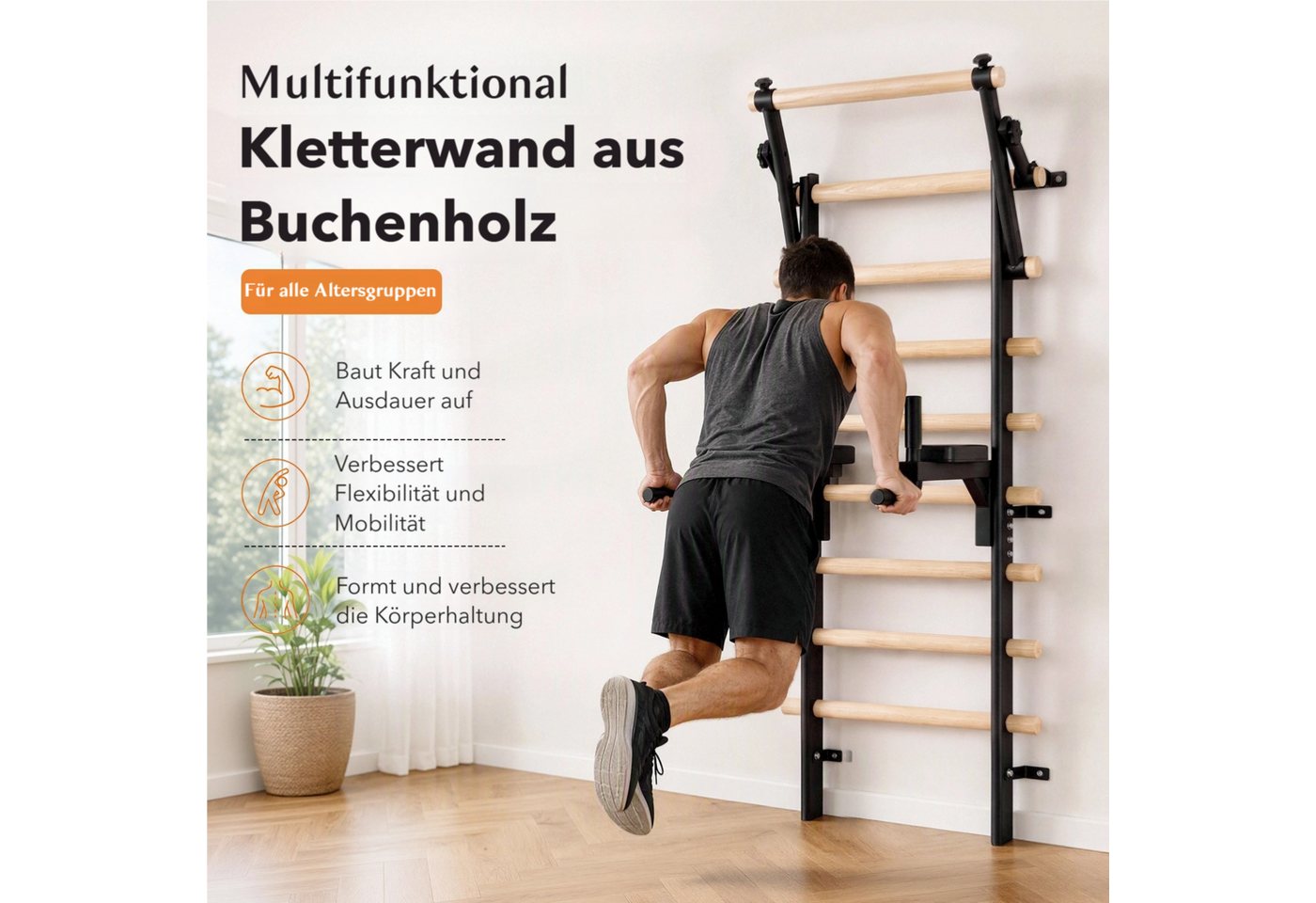 TLGREEN Sprossenwand aus Buchenholz,mit 9 Sprossen, Klimmzug- und Dipstange, (Wand-Turnwand für Gymnastik, Stretching und Krafttraining), Trainingsgerät für Home-Gym Bild 4