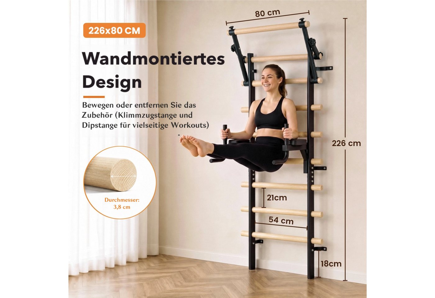 TLGREEN Sprossenwand aus Buchenholz,mit 9 Sprossen, Klimmzug- und Dipstange, (Wand-Turnwand für Gymnastik, Stretching und Krafttraining), Trainingsgerät für Home-Gym Bild 5