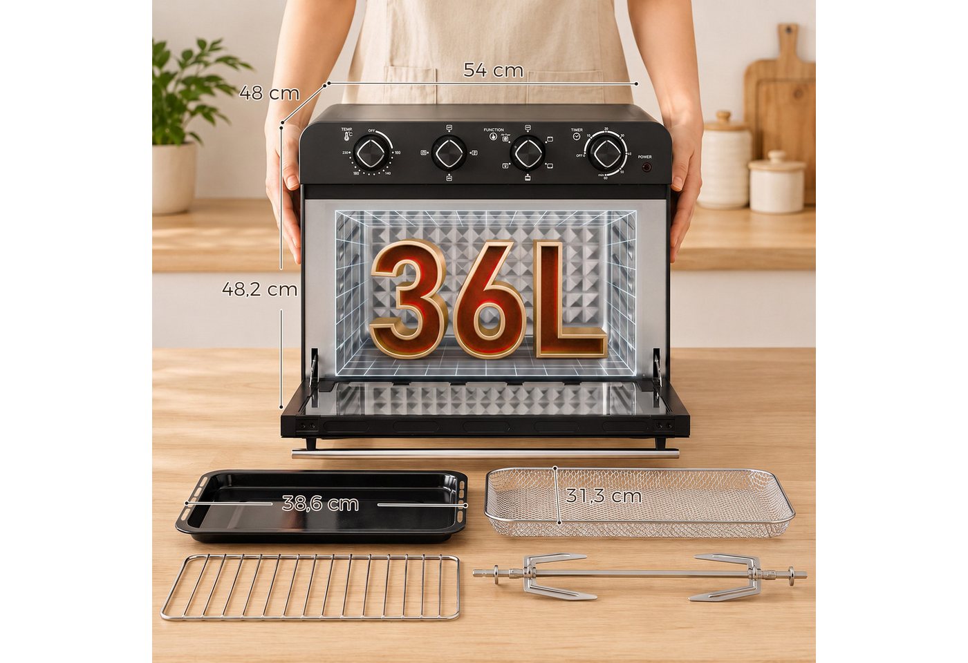 HOMCOM Minibackofen Heißluftfritteuse mit Frittierkorb, 36 L Garraum, 1800 W, Drehspieß Bild 2