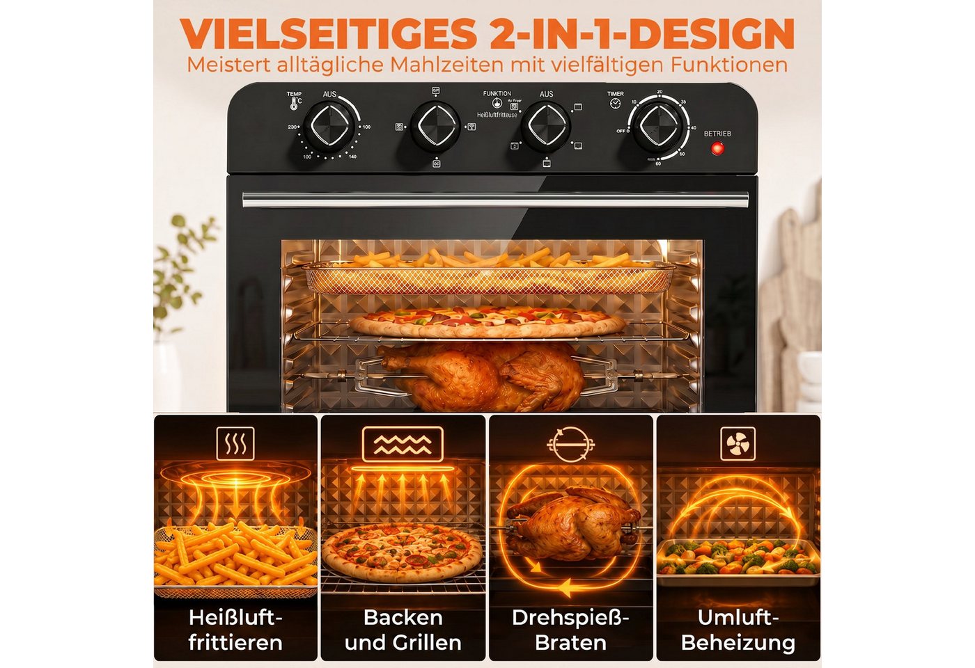HOMCOM Minibackofen Heißluftfritteuse mit Frittierkorb, 36 L Garraum, 1800 W, Drehspieß Bild 4