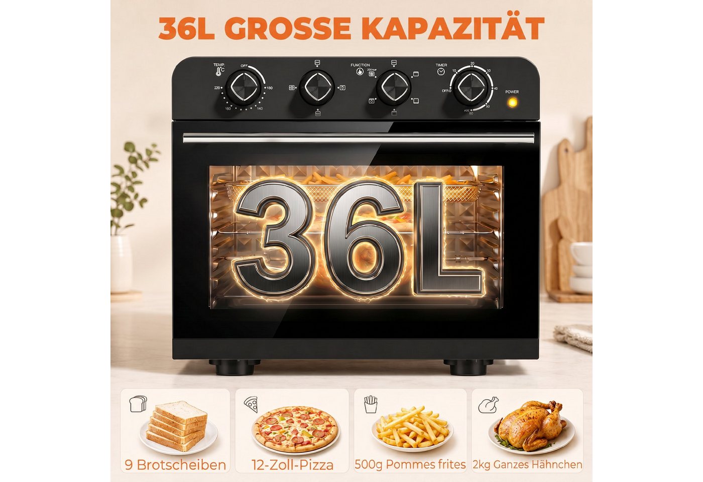 HOMCOM Minibackofen Heißluftfritteuse mit Frittierkorb, 36 L Garraum, 1800 W, Drehspieß Bild 5