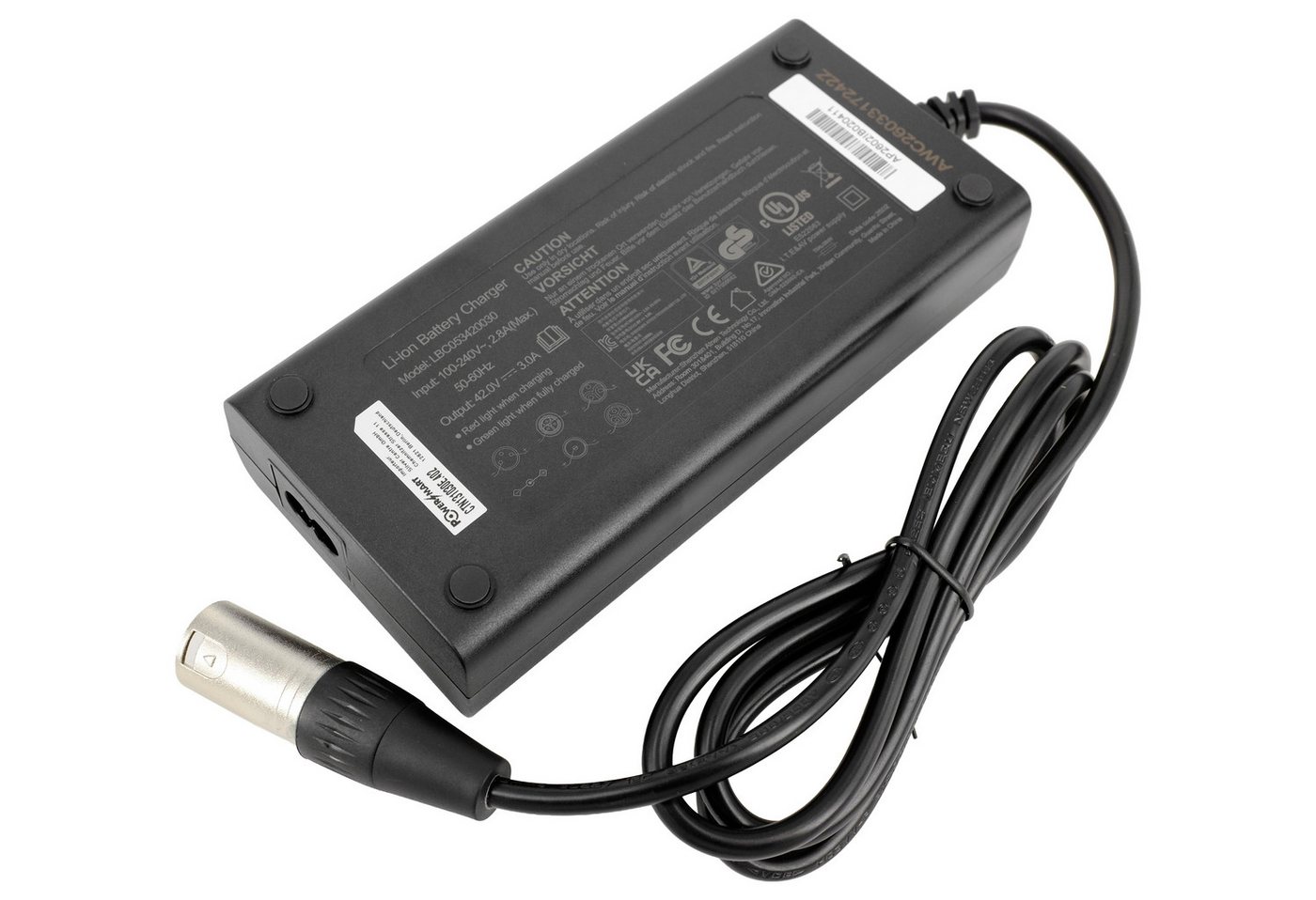 PowerSmart Batterie-Ladegerät (42V 3A für 36V Li-Ionen E-Bike Akkus, XLR-4-Pin-Anschluss)
