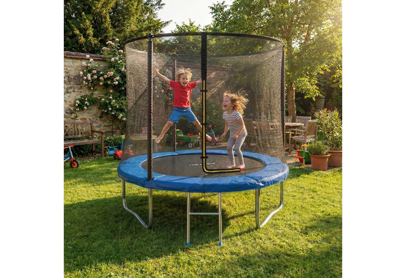 GUNJI Gartentrampolin 183/222/290/360 cm Kindertrampolin für den Garten, Ø 222 cm, (Ausgestattet mit Sicherheitsnetz, Trampolin und Leiter, Tragkraft 150 kg)