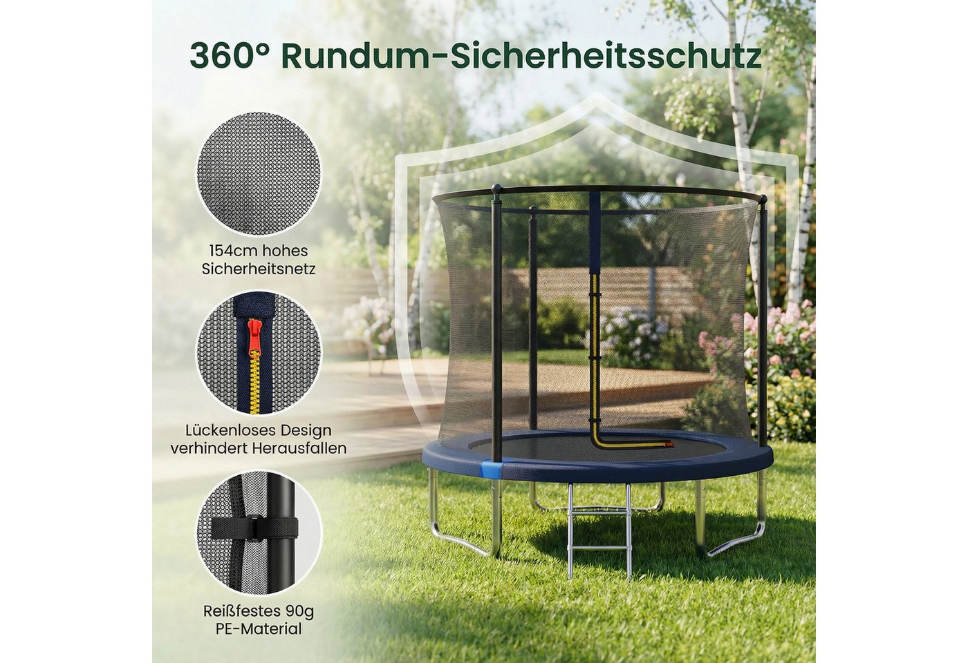 GUNJI Gartentrampolin 183/222/290/360 cm Kindertrampolin für den Garten, Ø 222 cm, (Ausgestattet mit Sicherheitsnetz, Trampolin und Leiter, Tragkraft 150 kg) Bild 2