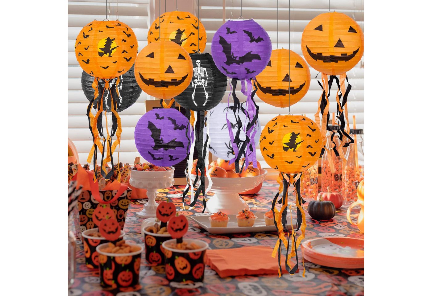 nsihing Laterne 8 Stiick Halloween Kürbis Laternen Hängende Papier Deko für Party (Papierlaternen Lampions Niedlich zum Aufhängen Spiralen Bänder, 8-St), für Halloween Home Dekorationen Geburtstag Bild 3