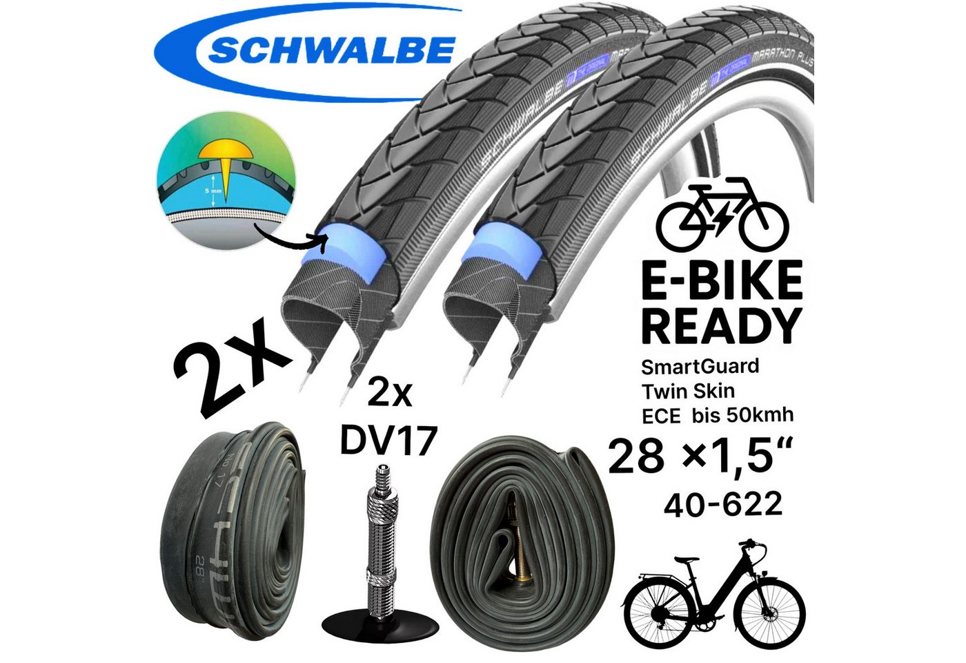 Schwalbe Fahrradschlauch 2x Schwalbe Marathon Plus 28" x 1,5" Reifen, Schläuche DV 17 Set