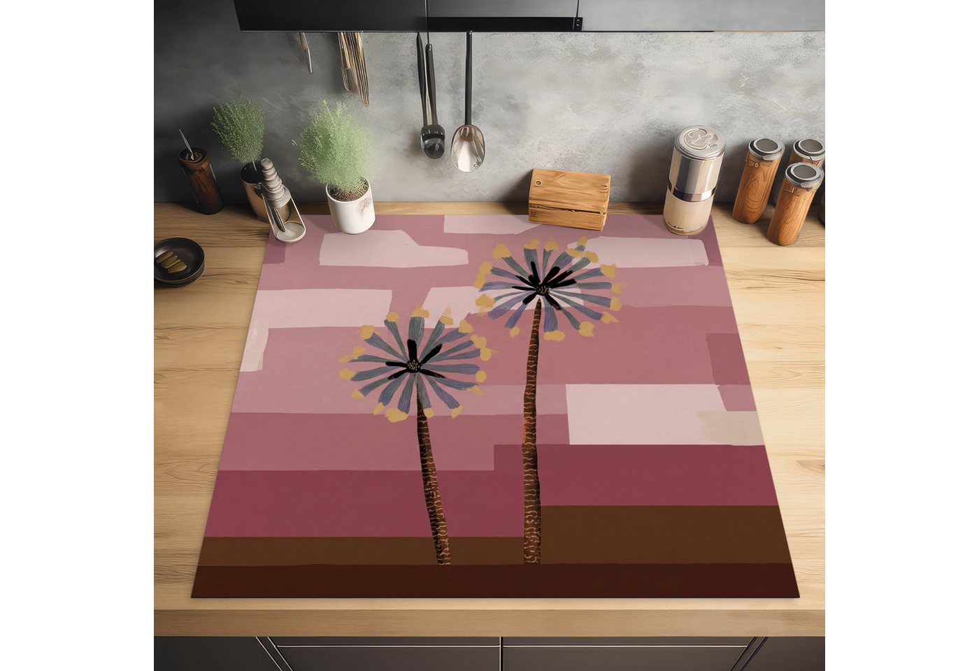 MuchoWow Herd-Abdeckplatte Illustration - Blumen - Flachland - Abstrakt, Vinyl, (1 tlg), Küche Herdabdeckung Ceranfeld Induktionsfeld Vinyl, 60x60 cm