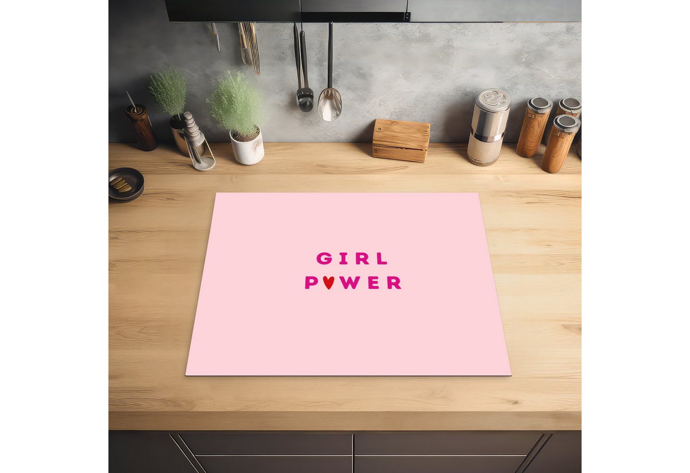 MuchoWow Herd-Abdeckplatte Girl-Power - Rosa - Herz, Vinyl, (1 tlg), Abdeckung Induktionskochfeld Schutzmatte, Küche Deko, 65x52 cm