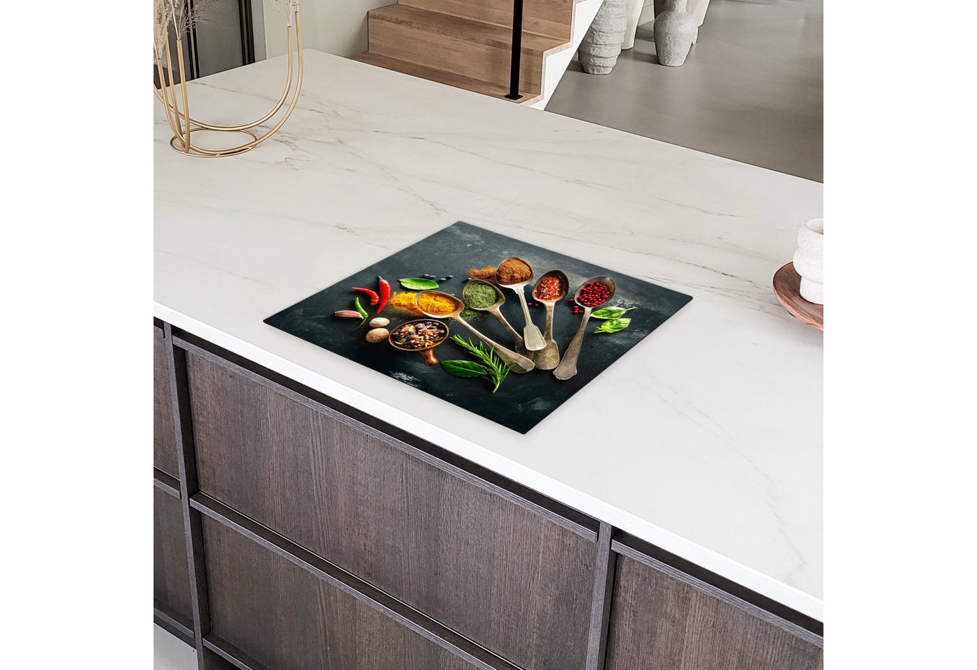 MuchoWow Herd-Abdeckplatte Löffel - Kräuter - Beton, Vinyl, (1 tlg), Küche Herdabdeckplatte Ceranfeld Vinyl Einteilig, 59x52 cm