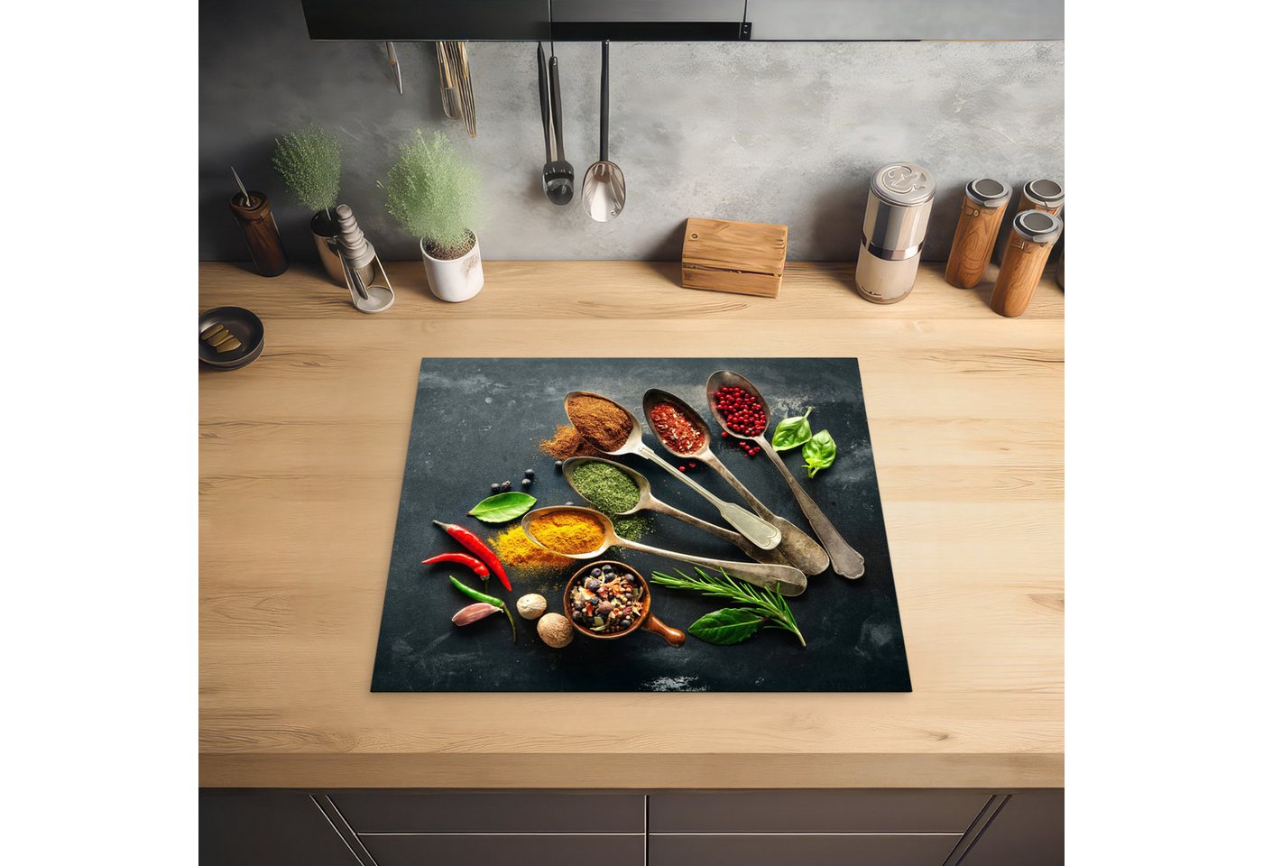 MuchoWow Herd-Abdeckplatte Löffel - Kräuter - Beton, Vinyl, (1 tlg), Küche Herdabdeckplatte Ceranfeld Vinyl Einteilig, 59x52 cm Bild 3