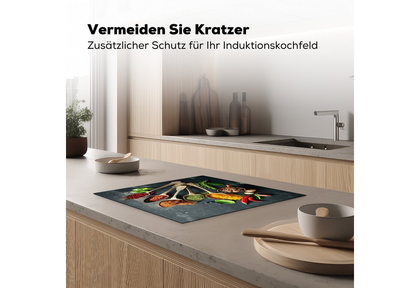 MuchoWow Herd-Abdeckplatte Löffel - Kräuter - Beton, Vinyl, (1 tlg), Küche Herdabdeckplatte Ceranfeld Vinyl Einteilig, 59x52 cm Bild 4