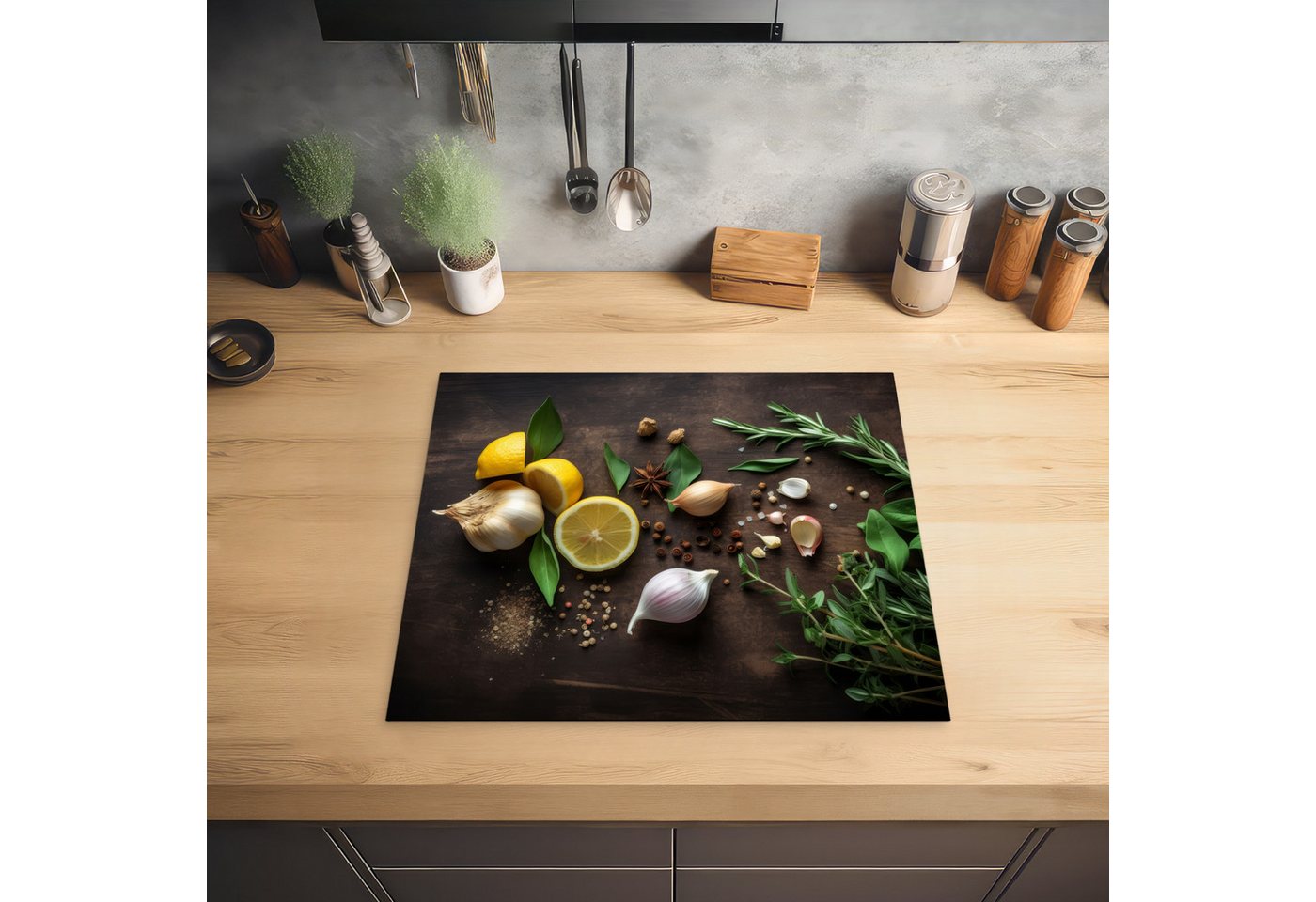 MuchoWow Herd-Abdeckplatte Kräuter - Zitrone - Früchte - Holzdruck, Vinyl, (1 tlg), Abdeckplatte für Ceranfeld, Herd Inductionsmatte, 60x50 cm