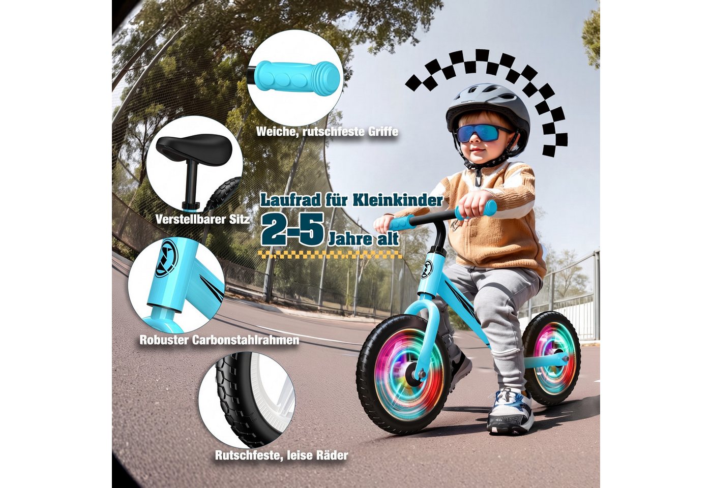 Wootoy Laufrad Kinderlaufrad Balance Bike Lauffahrrad mit LED-Leuchträdern, Verstellbarer Sitz rutschhemmende Griffe und geräuscharme Räder Bild 2