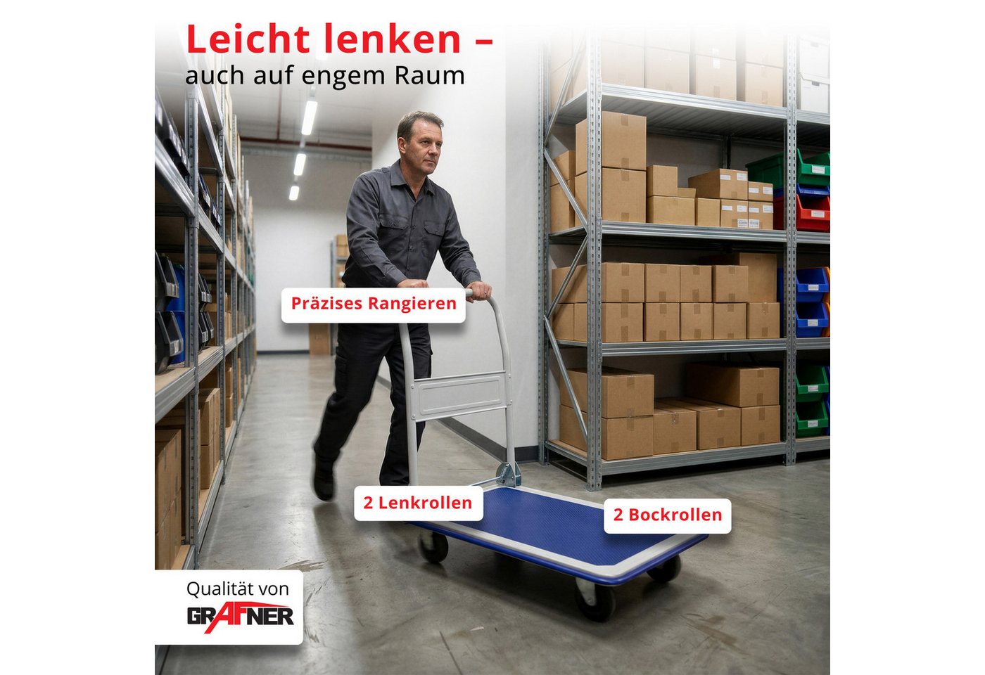 Grafner Transportwagen Grafner® Plattformwagen klappbar Tragkraft 150kg Transportkarre, klappbarer Handgriff, je 2 Block- und Drehrollen Bild 3