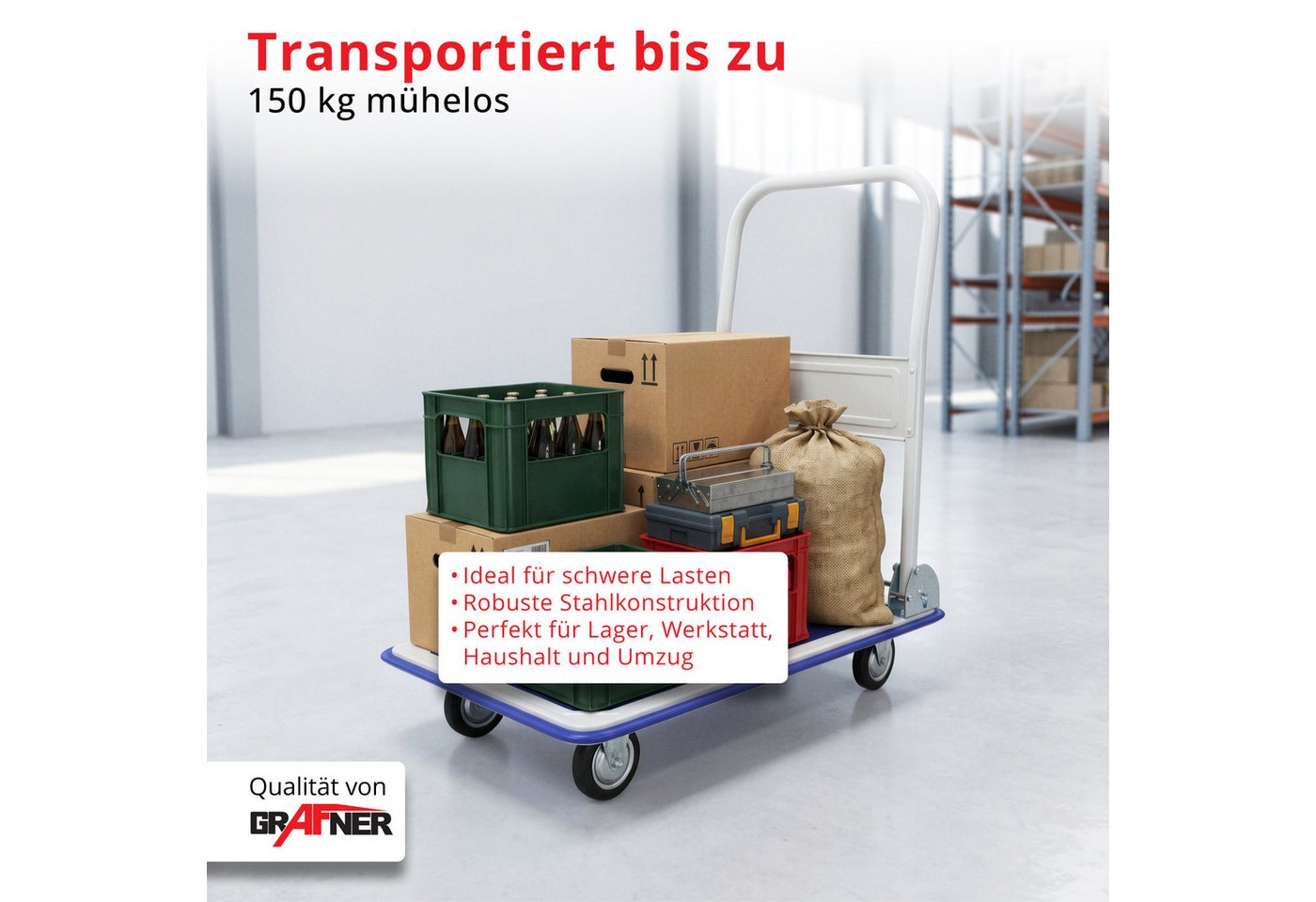 Grafner Transportwagen Grafner® Plattformwagen klappbar Tragkraft 150kg Transportkarre, klappbarer Handgriff, je 2 Block- und Drehrollen Bild 4