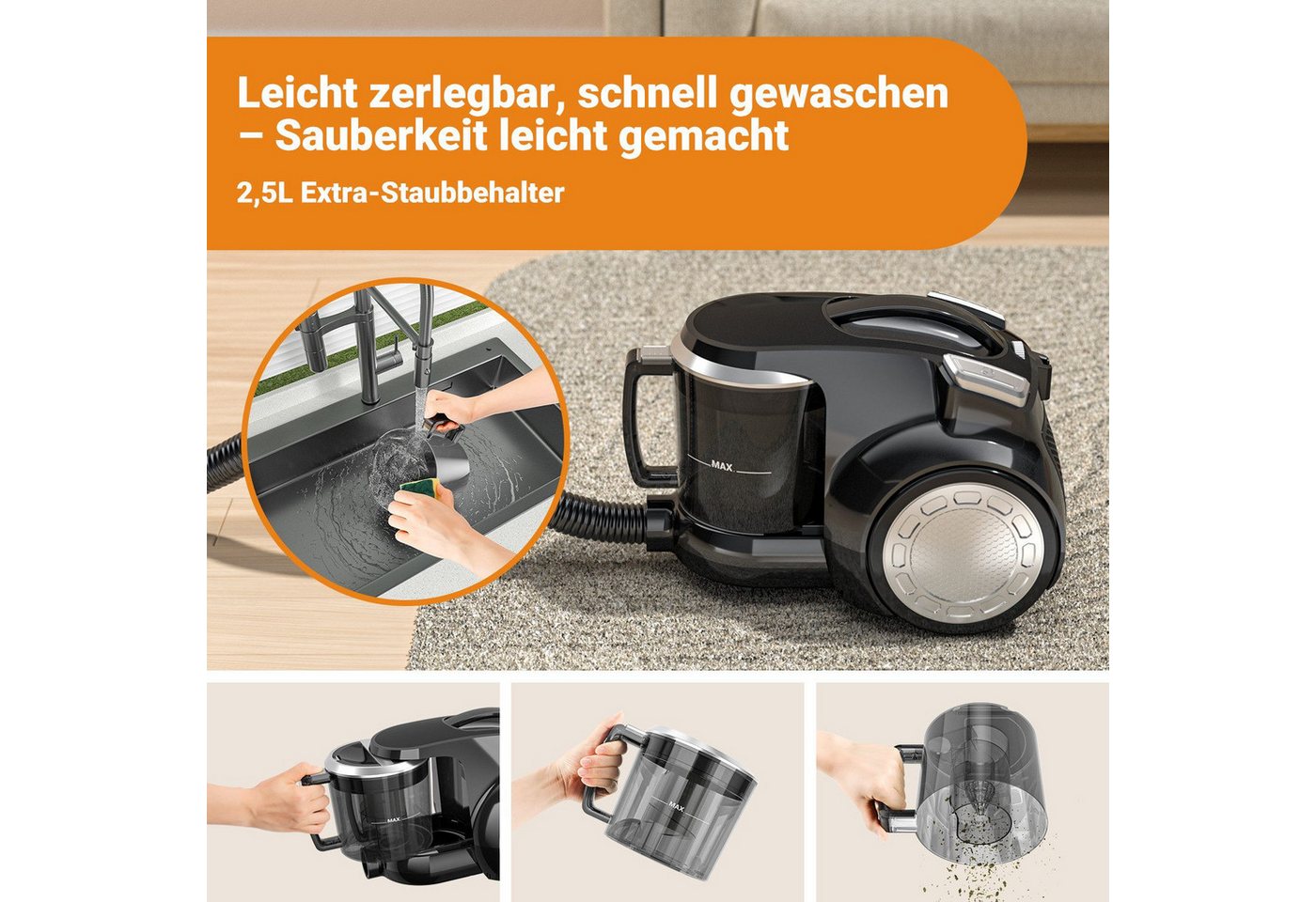 Toomoke Bodenstaubsauger Beutelloser Staubsauger starke Saugleistung,Kompakt Leicht Staubsauger, beutellos, für Hartböden Teppiche,leise,2,5L Staubbehälter, 5m Kabel Bild 3