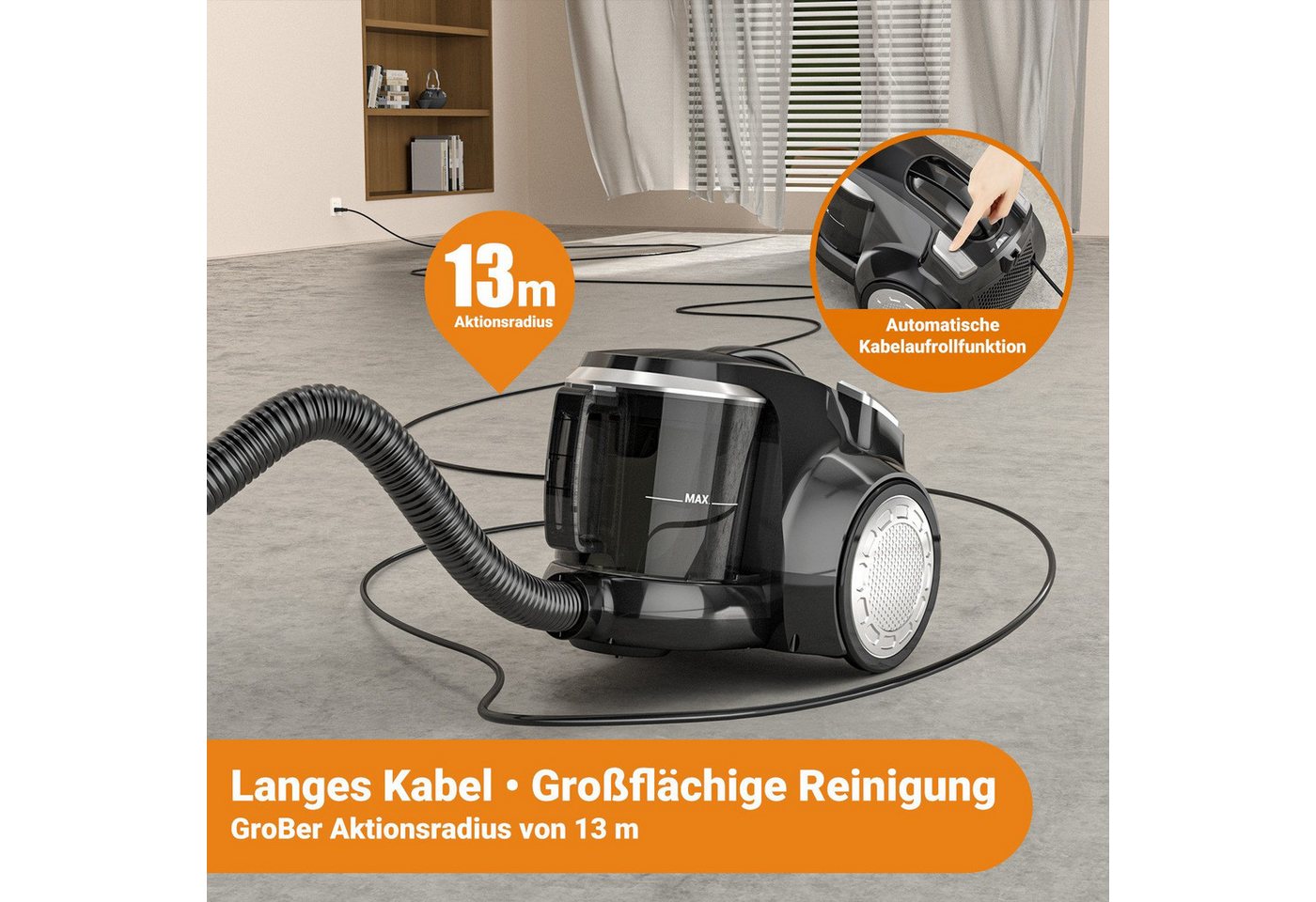 Toomoke Bodenstaubsauger Beutelloser Staubsauger starke Saugleistung,Kompakt Leicht Staubsauger, beutellos, für Hartböden Teppiche,leise,2,5L Staubbehälter, 5m Kabel Bild 4