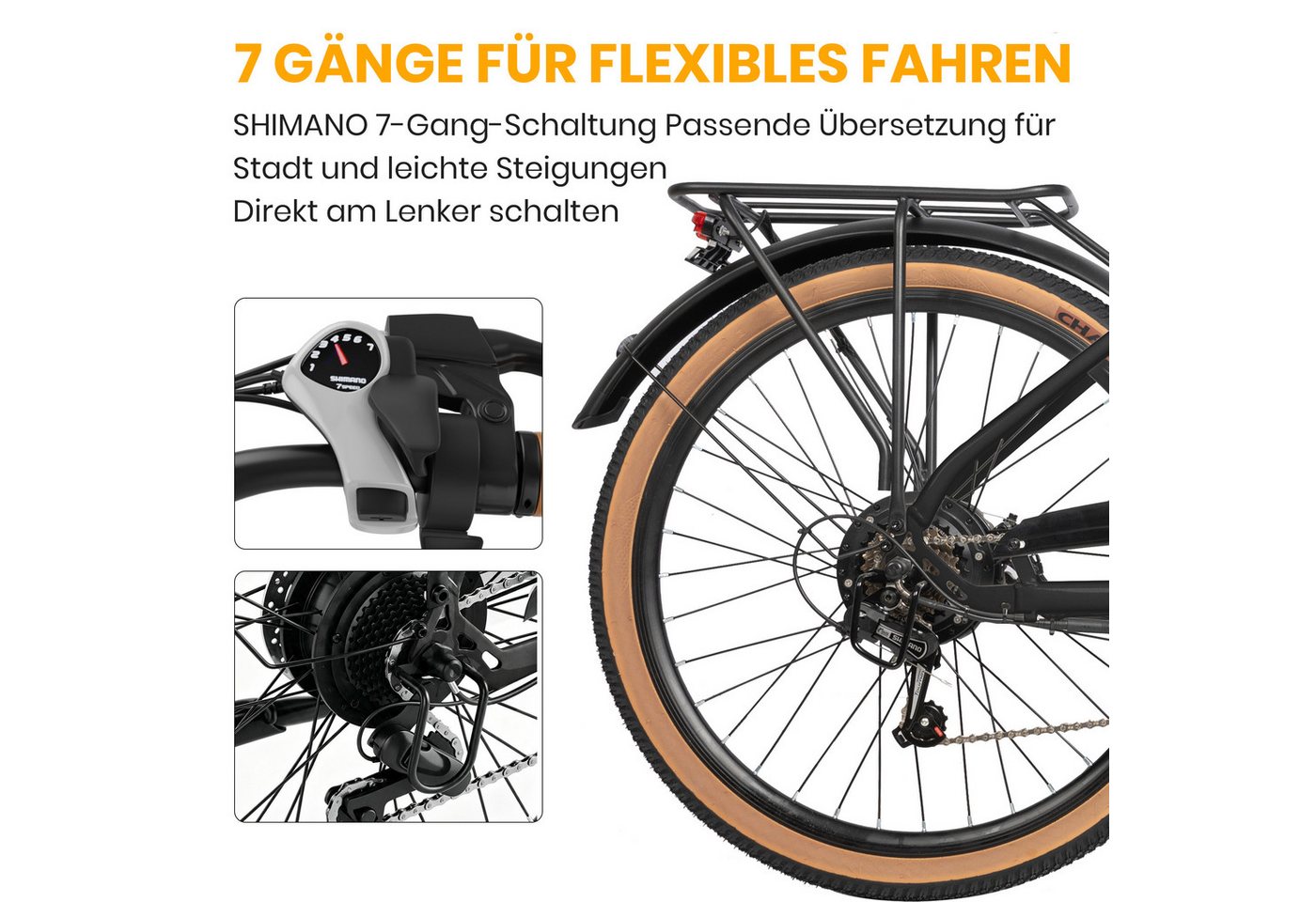Vankel E-Bike Cityrad Herren u. Damen E-Citybike 26 Zoll 250W 648Wh 120km Tiefeinsteiger, 7 Gang Shimano, Kettenschaltung, Heckmotor, 648 Wh, City-Komfort für Pendelweg und Einkauf mit bis zu 120 km Reichweite Bild 2