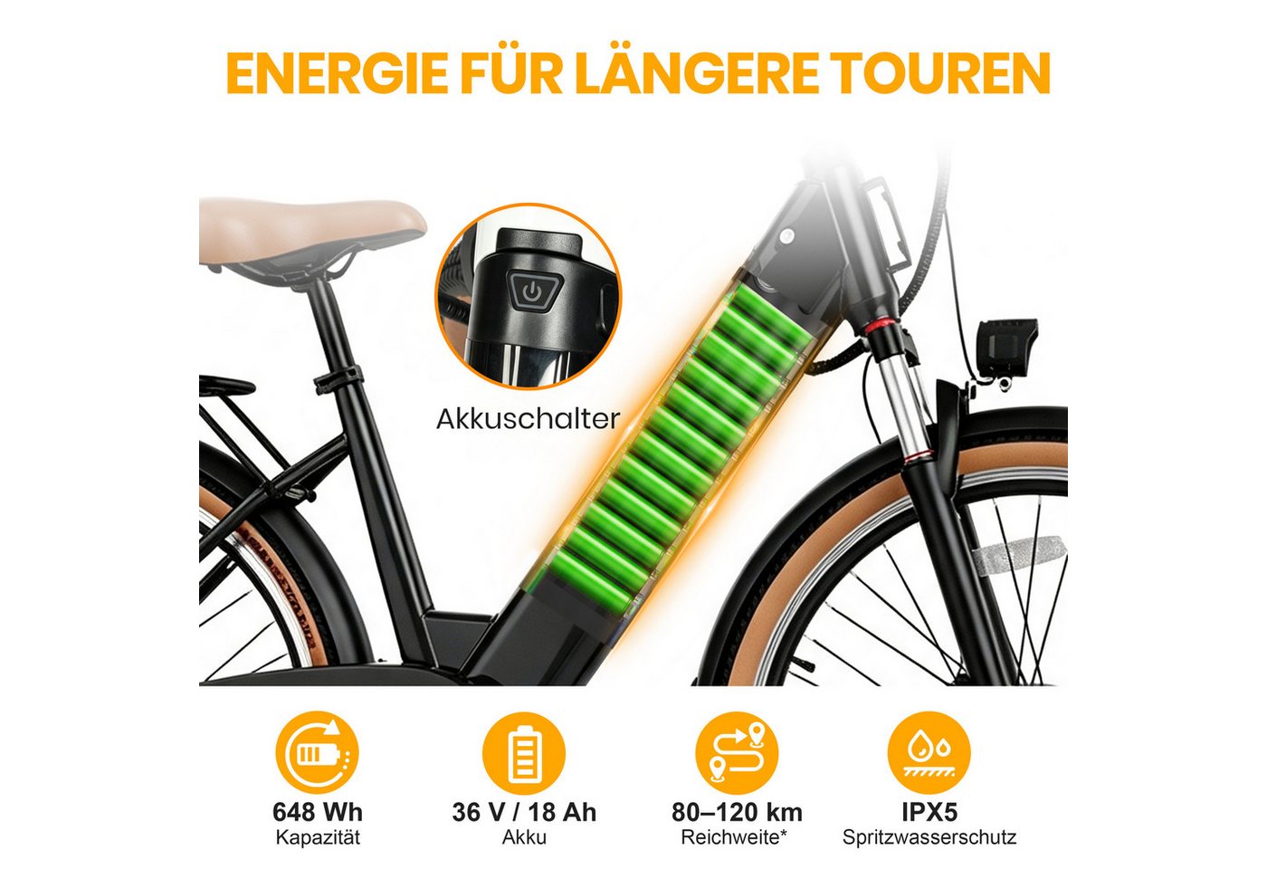 Vankel E-Bike Cityrad Herren u. Damen E-Citybike 26 Zoll 250W 648Wh 120km Tiefeinsteiger, 7 Gang Shimano, Kettenschaltung, Heckmotor, 648 Wh, City-Komfort für Pendelweg und Einkauf mit bis zu 120 km Reichweite Bild 3