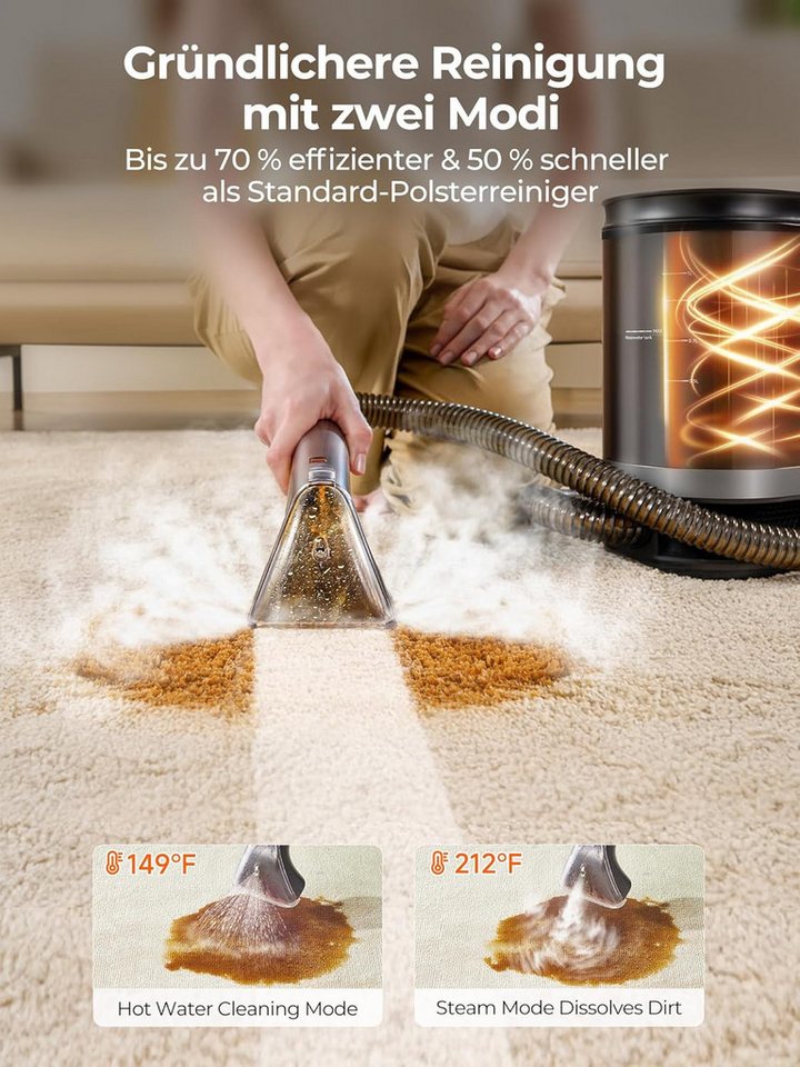UWANT Teppichreinigungsgerät B400 Waschsauger Teppichreiniger, Nasssauger Polsterreiniger mit Dampf, 600 W, mit Beutel, 1750W–100°C Steam Cleaner, inkl.Reinigungsmittel, Sofa, Vorleger, Auto Bild 4