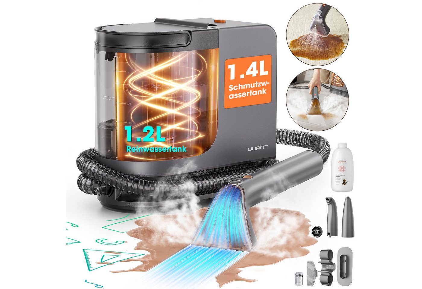 UWANT Teppichreinigungsgerät B400 Waschsauger Teppichreiniger, Nasssauger Polsterreiniger mit Dampf, 600 W, mit Beutel, 1750W–100°C Steam Cleaner, inkl.Reinigungsmittel, Sofa, Vorleger, Auto Bild 5