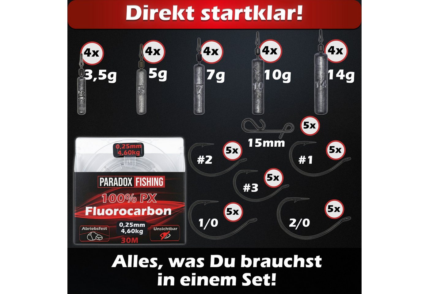 Paradox Fishing Angelgewicht Dropshot Komplett Set 91 Teile, (Spar-Set, Komplett Set), 40 UV-aktive 7cm Creature Baits