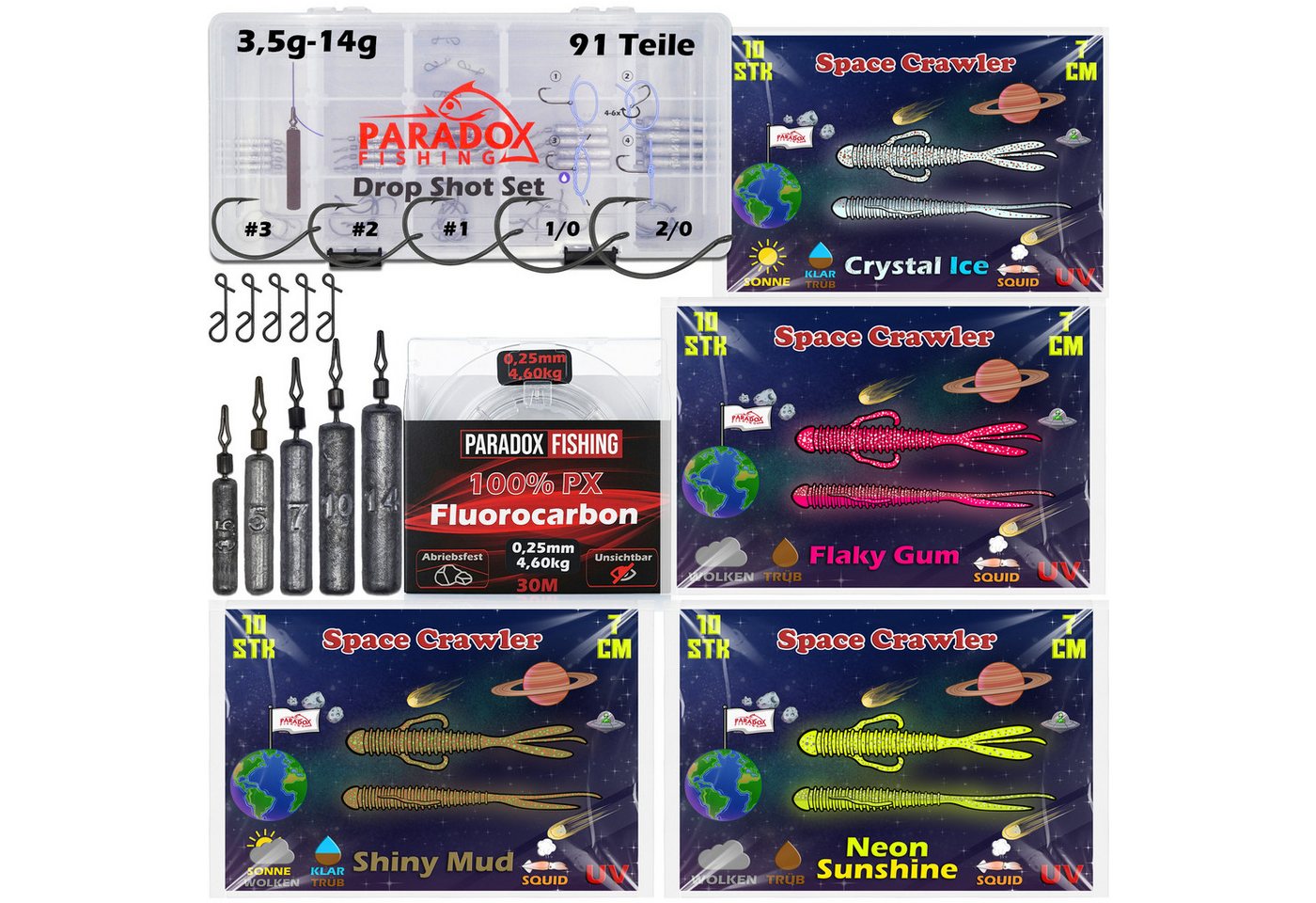 Paradox Fishing Angelgewicht Dropshot Komplett Set 91 Teile, (Spar-Set, Komplett Set), 40 UV-aktive 7cm Creature Baits Bild 5
