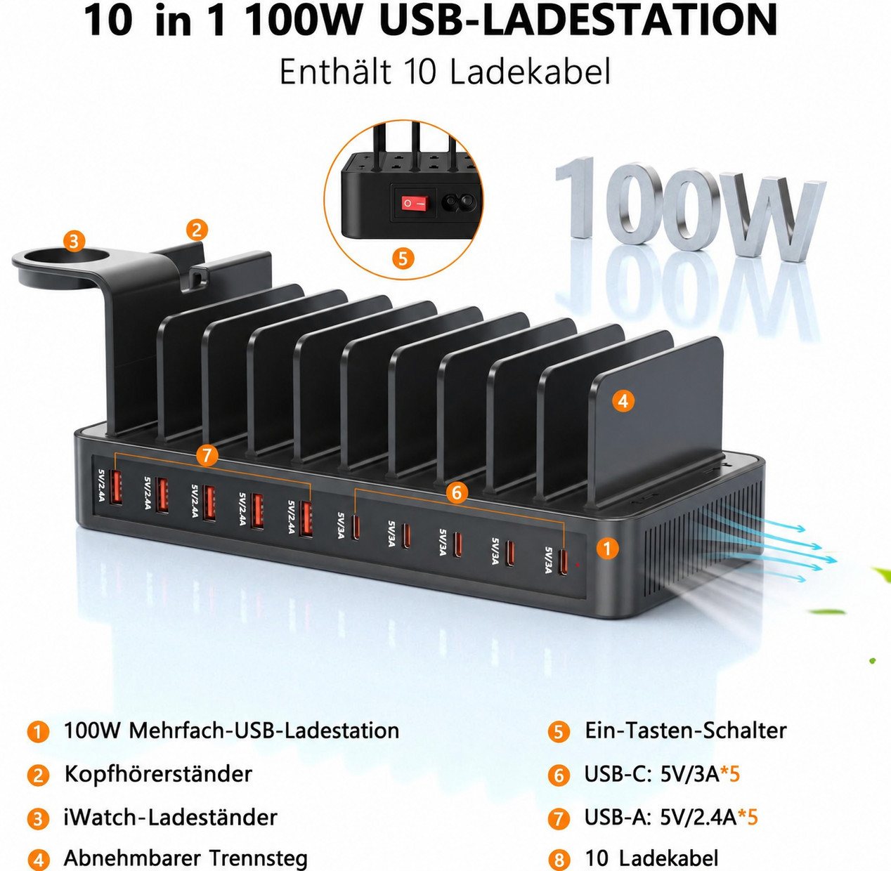 Fyrove 100W Multi-Geräte Ladestation mit 10 Anschlüssen Ladestation (USB-C & USB-A Ladehub inkl. 10 Kabeln, Verstellbare Halterung für Smartphones, Tablets, Smartwatch und Zubehör) Bild 2