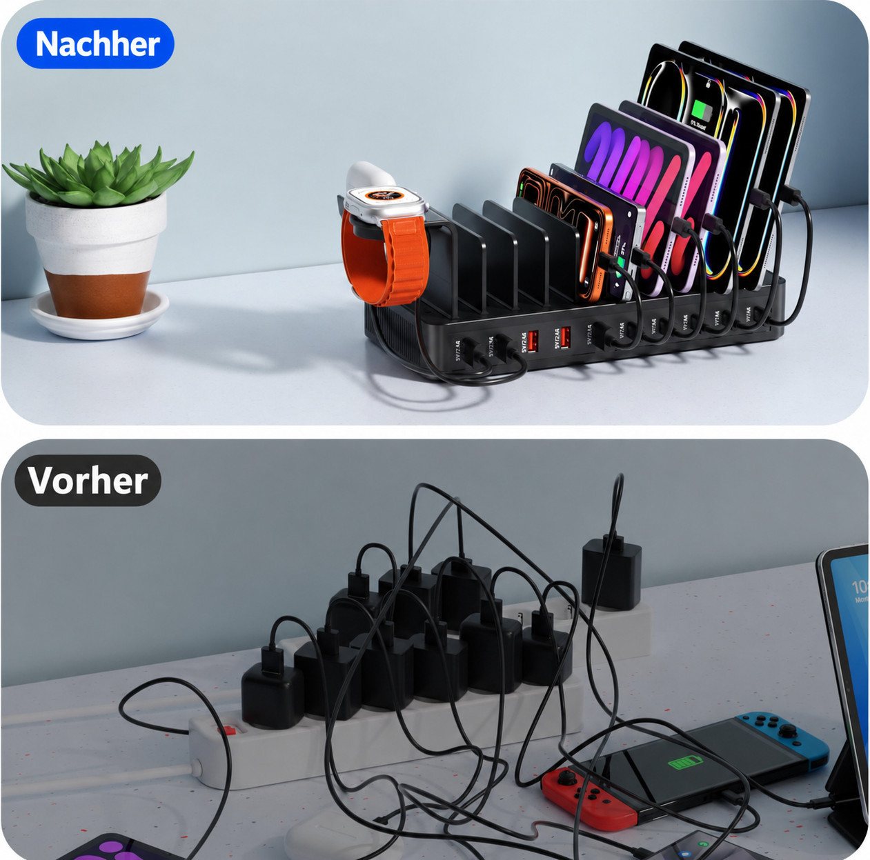 Fyrove 100W Multi-Geräte Ladestation mit 10 Anschlüssen Ladestation (USB-C & USB-A Ladehub inkl. 10 Kabeln, Verstellbare Halterung für Smartphones, Tablets, Smartwatch und Zubehör) Bild 4