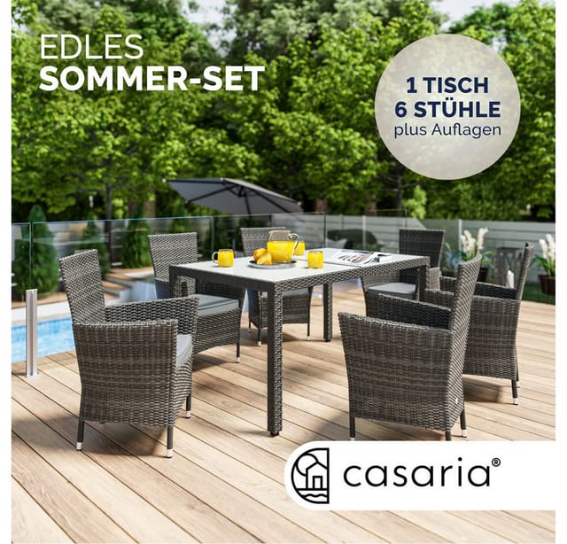 Gartenmöbel Set 6 Stühle Inkl. 7cm Polster Tisch 150x90cm Polyrattan Wetterfest Stapelbar Outdoor Balkon Terrasse 160kg Belastbar Modern Grau Grau - Casaria