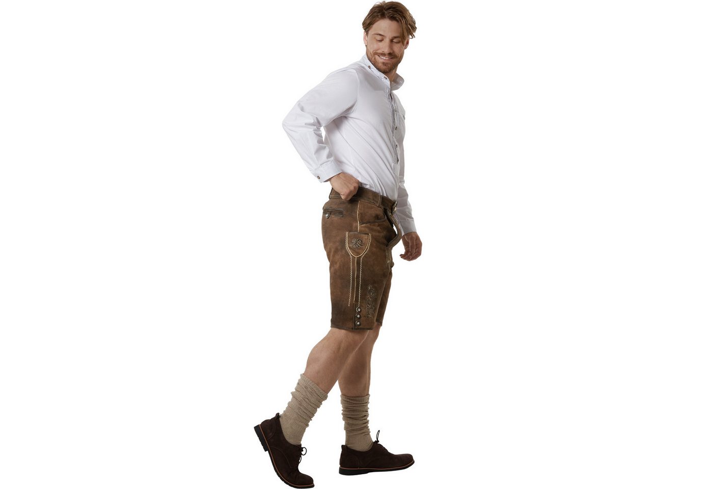 dressforfun Trachtenhose Kurze Lederhose im klassischen Trachtenstil, robust, pflegeleicht (Herrenhose Jonathan, für Volksfeste in antikem Braun) traditionelle Knochenknöpfe, Inkl. Gürtel und Hosenträgern